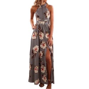 Halter Neck, backless, floral maxi dress - large